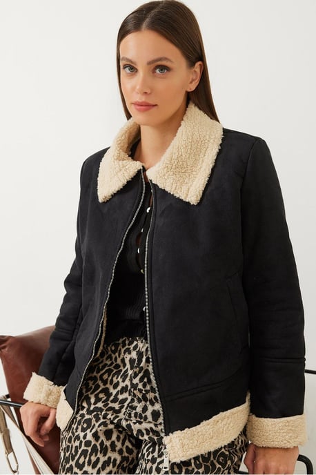 Faux-Suede Reißverschlussjacke mit Sherpa-Besatz - Image 1