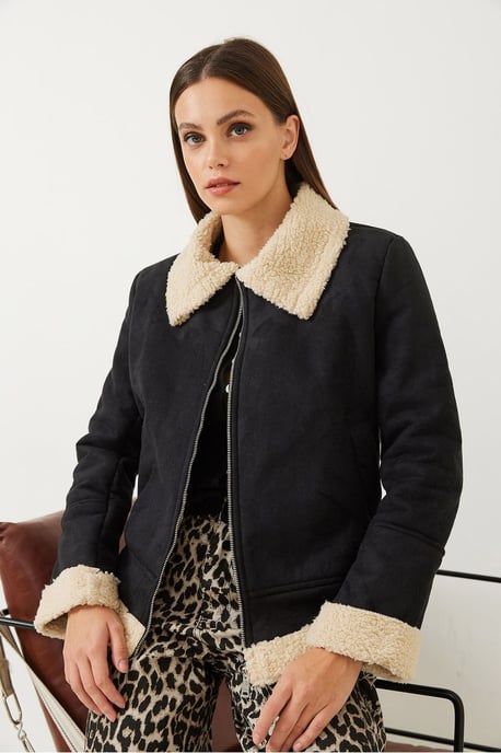 Faux-Suede Reißverschlussjacke mit Sherpa-Besatz - Image 2