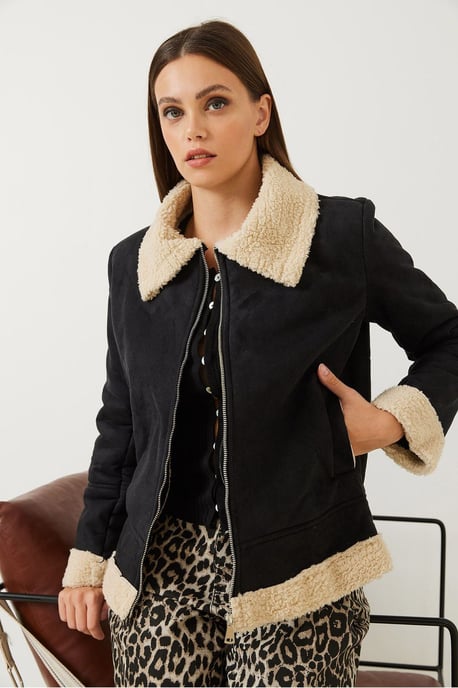 Faux-Suede Reißverschlussjacke mit Sherpa-Besatz - Image 3