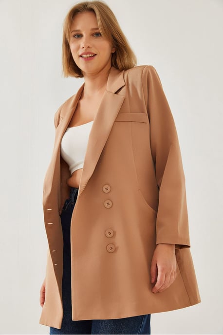 Doppelreihiger Langer Blazer mit Kunstlederdetails - Image 1