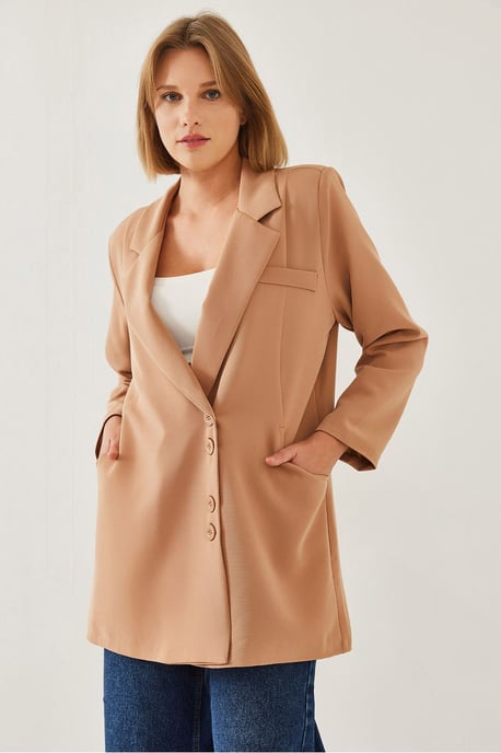 Doppelreihiger Langer Blazer mit Kunstlederdetails - Image 2