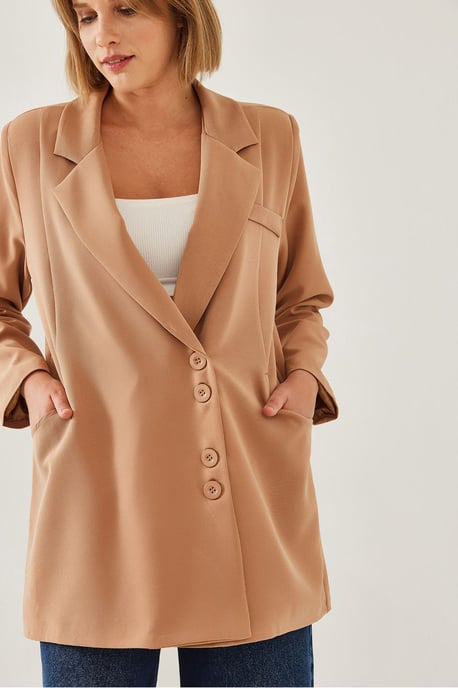 Doppelreihiger Langer Blazer mit Kunstlederdetails - Image 3