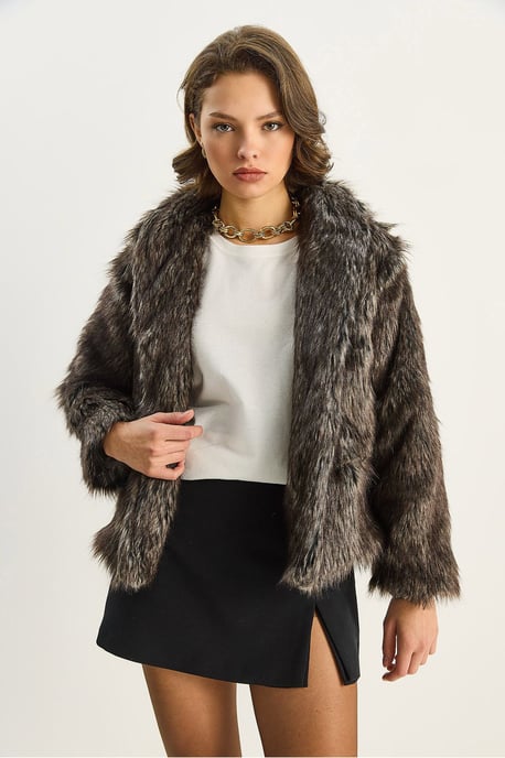 Faux-Fur Gekürzter Mantel mit Offener Kragen - Image 3