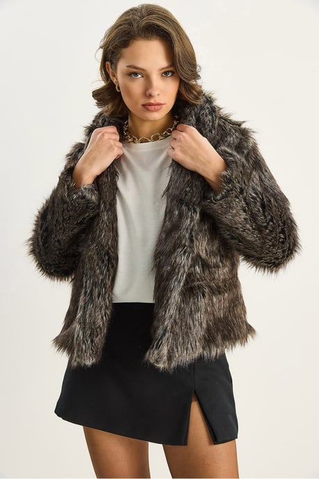 Faux-Fur Gekürzter Mantel mit Offener Kragen - Image 4