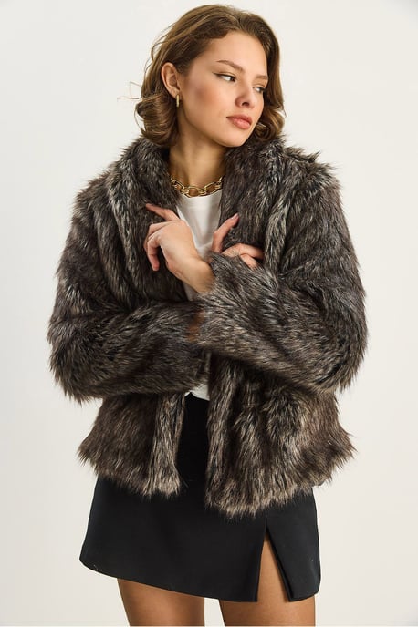 Faux-Fur Gekürzter Mantel mit Offener Kragen - Image 5