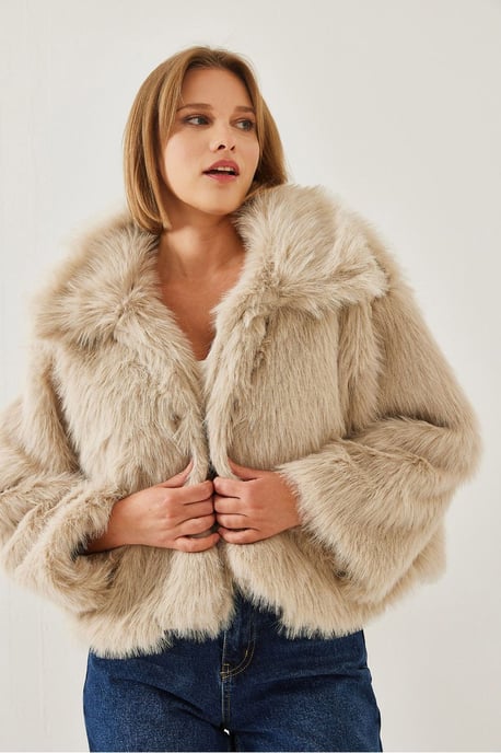 Gekürzter Offene-Front-Faux-Fur-Mantel mit langen Ärmeln - Image 2