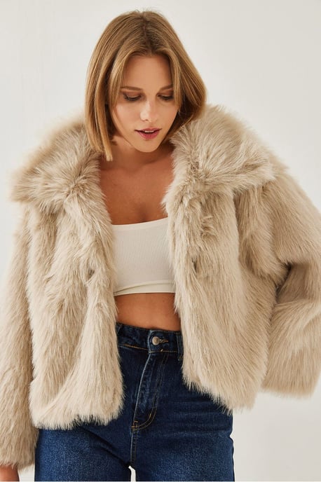 Gekürzter Offene-Front-Faux-Fur-Mantel mit langen Ärmeln - Image 3
