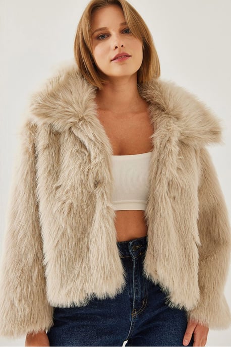 Gekürzter Offene-Front-Faux-Fur-Mantel mit langen Ärmeln - Image 4
