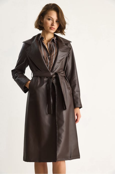 Midi-Länge Kunstleder-Trenchcoat mit Bindegürtel - Image 5