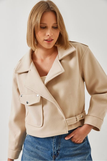 Kurze Gabardinejacke mit Knopf und Tasche - Image 1