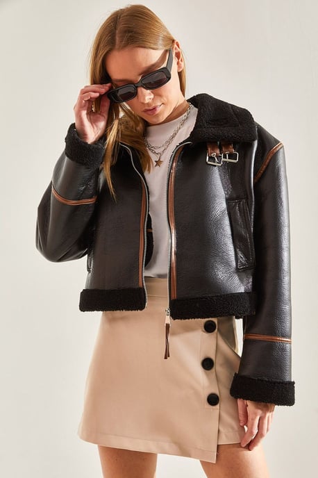 Kunstleder Boxy Crop Jacke mit Schalkragen - Image 1