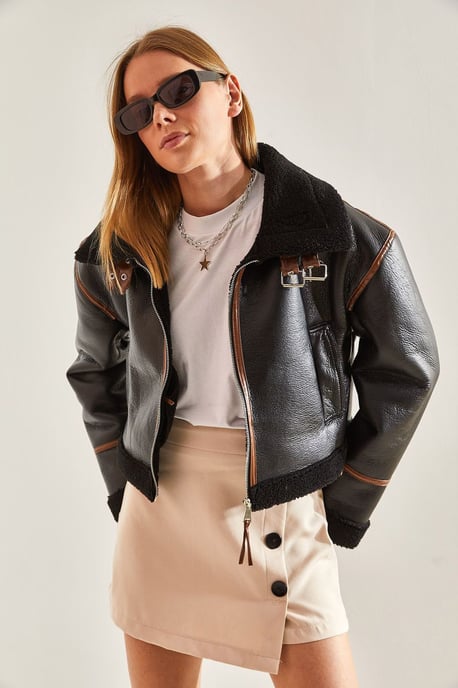 Kunstleder Boxy Crop Jacke mit Schalkragen - Image 2