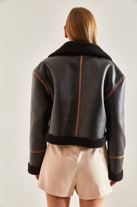 Kunstleder Boxy Crop Jacke mit Schalkragen - Image 3