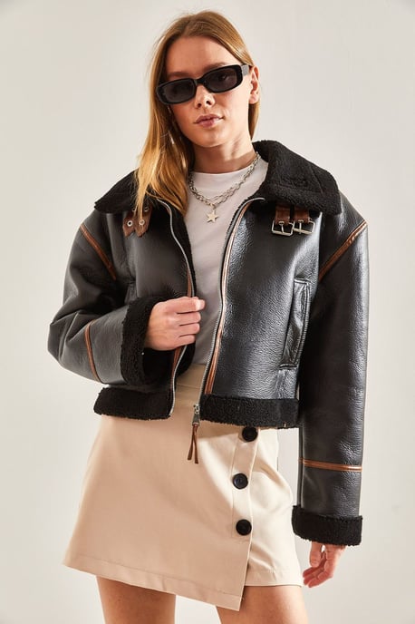 Kunstleder Boxy Crop Jacke mit Schalkragen - Image 4