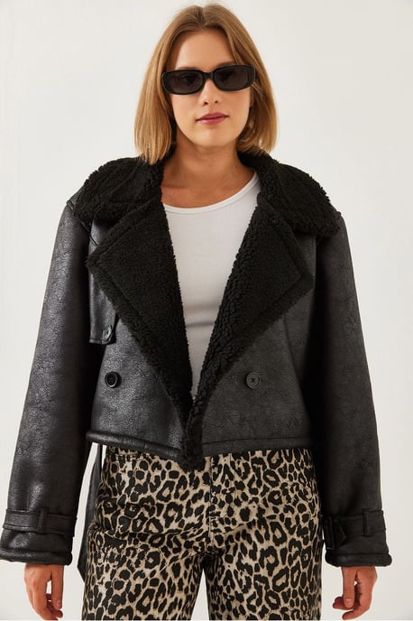 Künstliche Leder Cropped-Jacke mit Schal-Kragen - Image 1