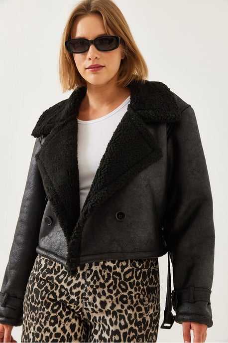 Künstliche Leder Cropped-Jacke mit Schal-Kragen - Image 2