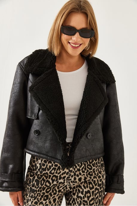 Künstliche Leder Cropped-Jacke mit Schal-Kragen - Image 3