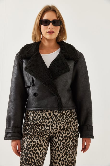 Künstliche Leder Cropped-Jacke mit Schal-Kragen - Image 4
