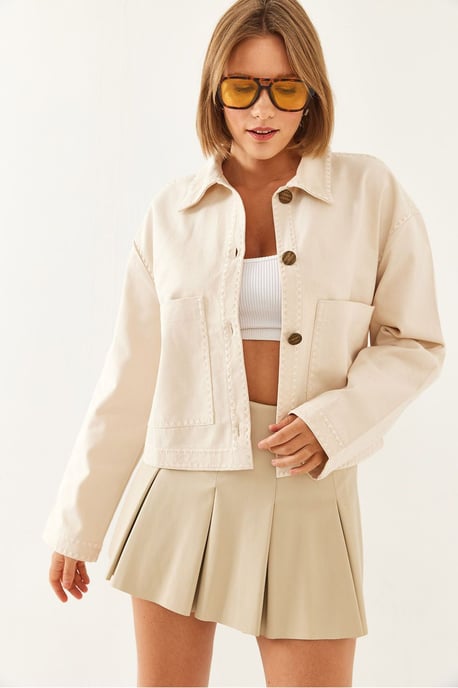 Bestickte verkürzte gewebte Jacke mit Hemdkragen - Image 2