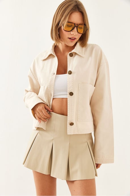 Bestickte verkürzte gewebte Jacke mit Hemdkragen - Image 3