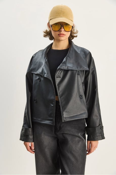 Übergroße Kunstlederjacke mit Knopfverschluss - Image 3