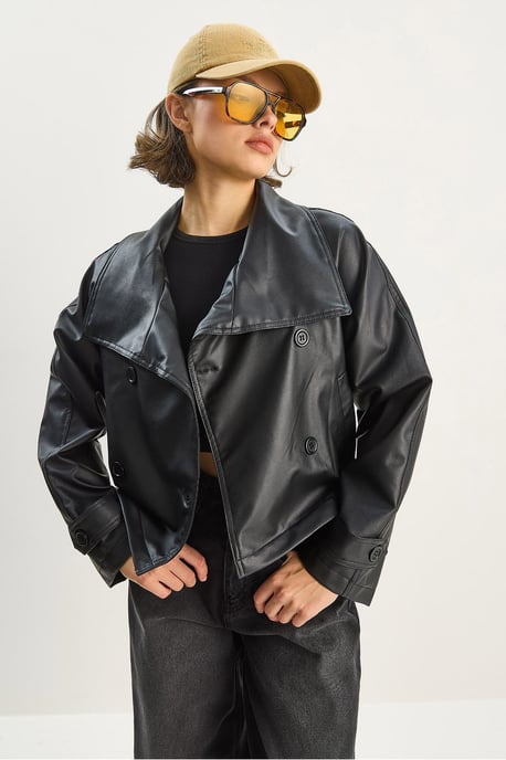 Übergroße Kunstlederjacke mit Knopfverschluss - Image 5