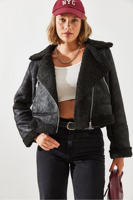 Kunstleder-Crop-Jacke mit Schalkragen - Image 3