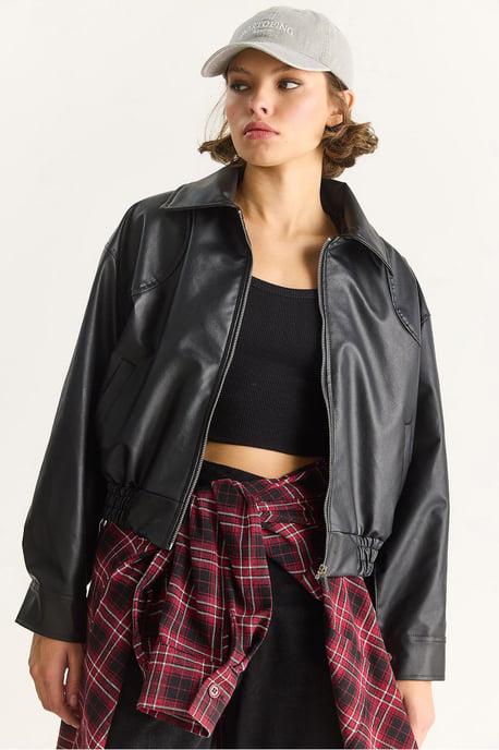 Lederimitat Jacke im entspannten Schnitt mit Reißverschluss und Taschen - Image 2
