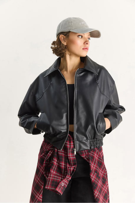 Lederimitat Jacke im entspannten Schnitt mit Reißverschluss und Taschen - Image 3