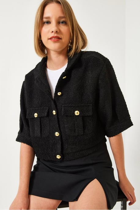 Gekürzte Plüschjacke mit Knöpfen und Hemdkragen - Image 1