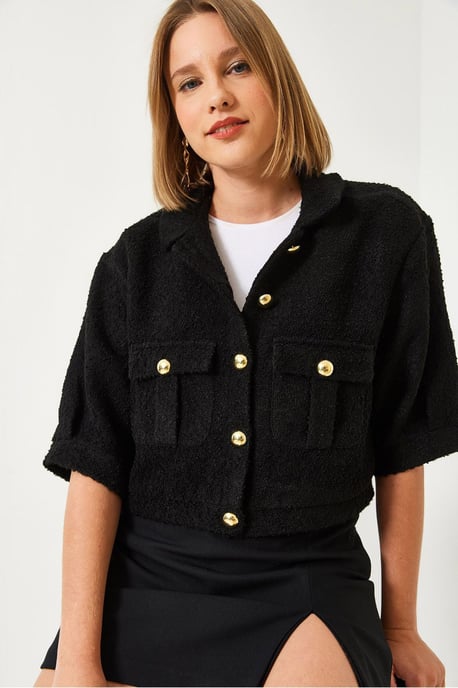 Gekürzte Plüschjacke mit Knöpfen und Hemdkragen - Image 2