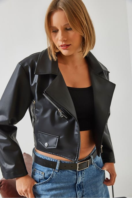 Kunstleder-Cropped-Jacke mit Schal-Kragen - Image 1