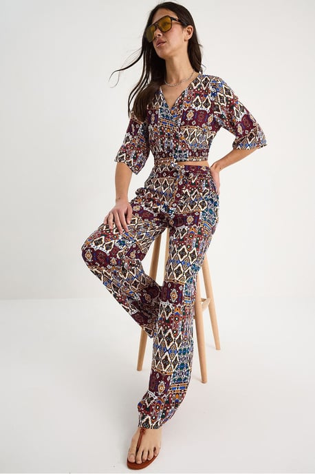 Musteriertes V-Ausschnitt Crop-Top Zwei-Teiler Set - Image 1