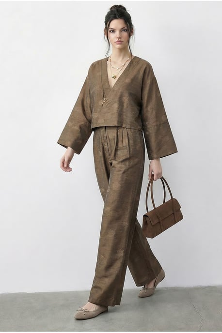 Blumenmuster V-Ausschnitt Oversized Kimono und Weite Hose Set - Image 2