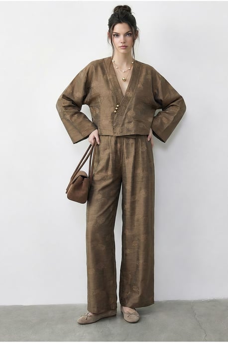 Blumenmuster V-Ausschnitt Oversized Kimono und Weite Hose Set - Image 3