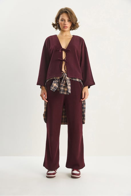 V-Ausschnitt Strickjacke und weit geschnittene Hose Set - Image 2
