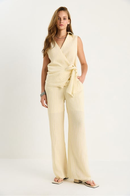 Gestreiftes V-Ausschnitt Knopfhose Hohe Taille Weite Hose Zweiteiliges Set - Image 3