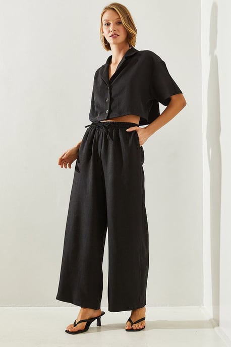 Geknöpftes Crop-Shirt und weit geschnittene Hose Set - Image 2