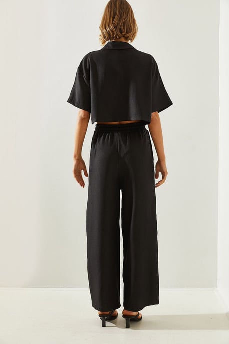 Geknöpftes Crop-Shirt und weit geschnittene Hose Set - Image 4