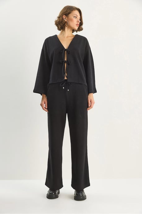 Bianco Lucci V‑Ausschnitt Strickcardigan und weite Hose Set - Schwarz - Image 4