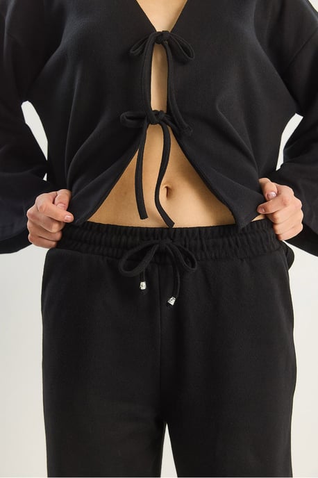 Bianco Lucci V‑Ausschnitt Strickcardigan und weite Hose Set - Schwarz - Image 5