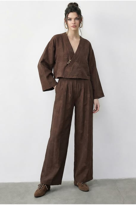 Floral V-Ausschnitt Übergröße Kimono und Weite Hosen Set - Image 2