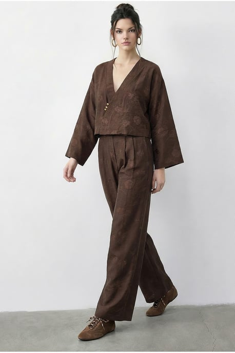Floral V-Ausschnitt Übergröße Kimono und Weite Hosen Set - Image 3