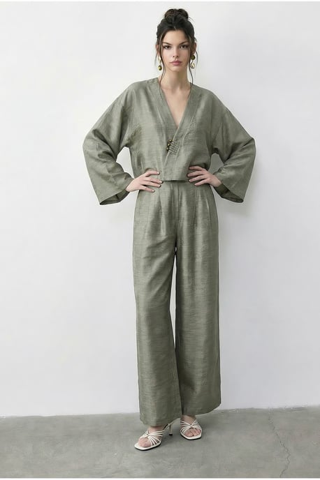 Blumen-Muster V-Ausschnitt Übergröße Kimono und Weite Hose Set - Image 2