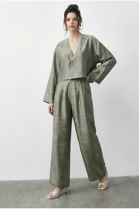 Blumen-Muster V-Ausschnitt Übergröße Kimono und Weite Hose Set - Image 3