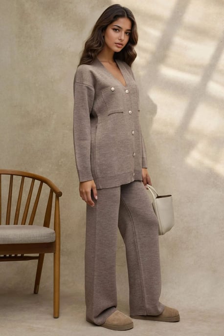 V-Ausschnitt Cardi und Hochbund Weite Hosen Strick-Set - Image 2