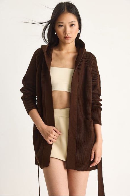 Kapuzenstrickjacke mit Bindebandverschluss - Image 3