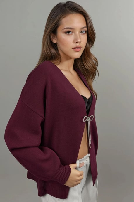 V-Ausschnitt Strickjacke mit Schleifendetail - Image 4