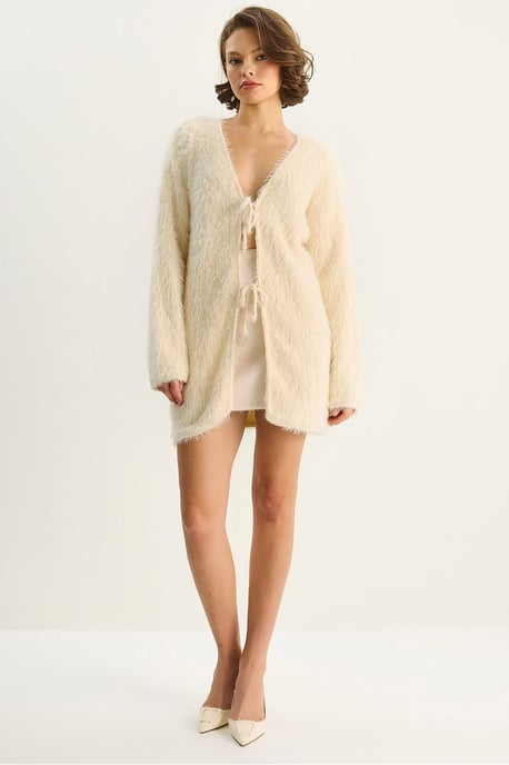 Texturierter V-Ausschnitt Midi-Cardigan mit Bindebandverschluss - Image 1