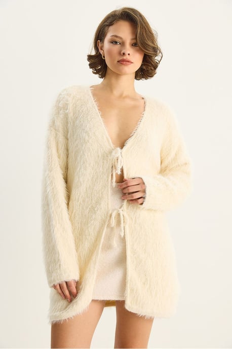 Texturierter V-Ausschnitt Midi-Cardigan mit Bindebandverschluss - Image 4
